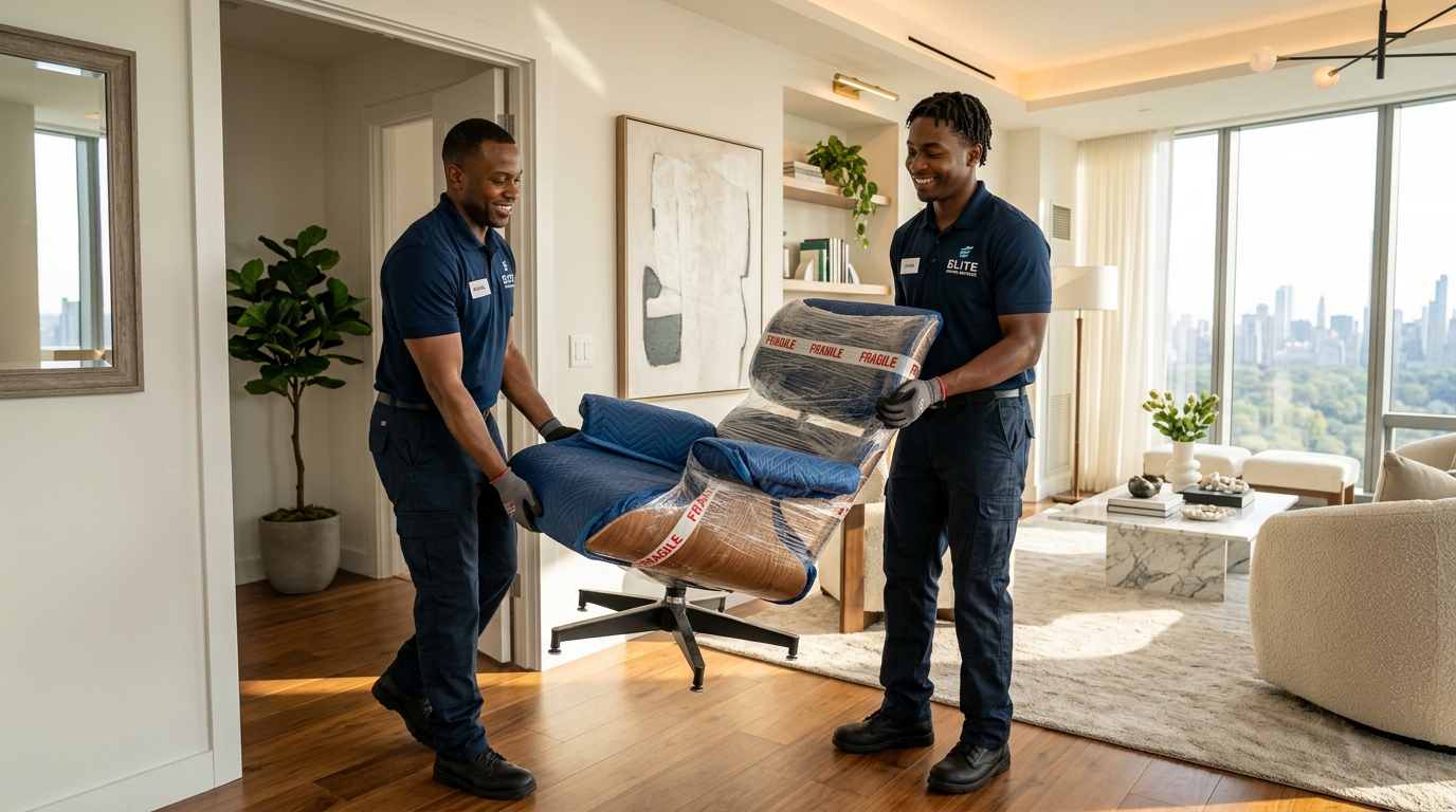 Professional furniture movers handling luxury armchair with protective plastic wrap
